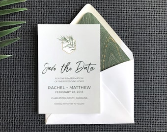 Rachel Collection Save the Date | Pale Blue Save the Date Cards | Soft Blue and Palm Leaf Wedding Save the Date Card