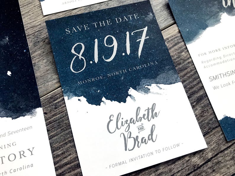 Dark Watercolor Sky Personalized Party Save the Date Navy Blue Watercolor Texture Wedding Save the Date Starry Night Save the Date