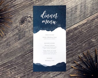 Starry Night Navy Blue Watercolor Semi Custom Wedding Menu | Stellar Navy Sky Wedding Menu | Star Crossed Semi-custom Wedding Dinner Menu