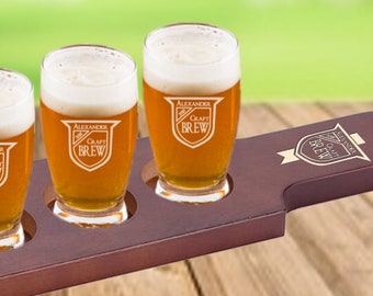 Personalized Beer Flight Set, Custom Beer Paddle with 4 Beer Glasses, Beer Sampler Flight Paddle, Groomsmen Beer Tasting Gift Set