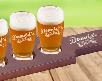 Customized Groomsmen Beer Glass Gift Set, Oktoberfest Personalized Beer Paddle with 4 Beer Glasses, Beer Tasting Sampler Flight Paddle,