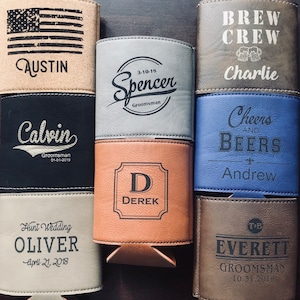 Personalized Beer Cooler, Groomsmen Wedding Party Gifts, Leather Wedding Gift, Monogram Can Cooler, Custom Drink Cooler, Wedding Favors
