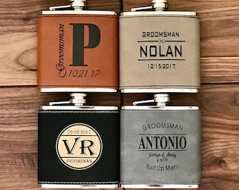 Regalo personalizzato in pelle per sposi, set di fiaschi monogramma inciso, regalo di nozze personalizzato per il miglior uomo