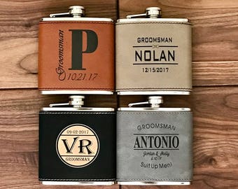 Grabado 6 oz Hip Flask, Custom Wedding Party Leather Flask, Custom Groomsmen Flask Gift