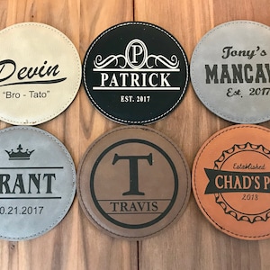 Personalized Engraved Leather Coasters, Customized Home Bar Drink Coaster Gift, Leather Wedding Anniversary Gift for Men