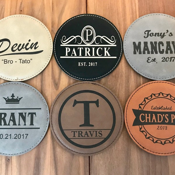 Customized Drink Coasters, Coaster Gifts for Men, Engraved Leather Coaster, Dad Gift, Wedding Favors, Beverage Holder, Personalized Coaster