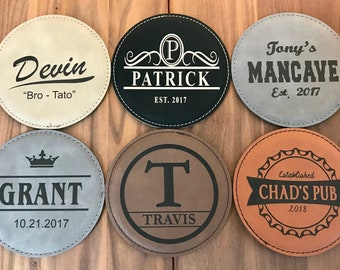 Engraved Leather Coasters, Personalized Gift, Monogram Coasters, Custom Wedding Favors, Drink Coaster, Wedding Anniversary Gift, Home Bar