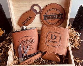 Wedding Gift Box Gift Set, Wedding Party Gifts, Personalized Can Cooler, Customize Leather Flask, Drink Coaster, Bottle Opener, Pocket Knife