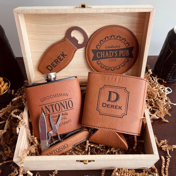 Personalized Man Crate, Christmas Gift Box Set, Customized Can Cooler, Engraved Leather Flask, Drink Coaster, Bottle Opener, Pocket Knife