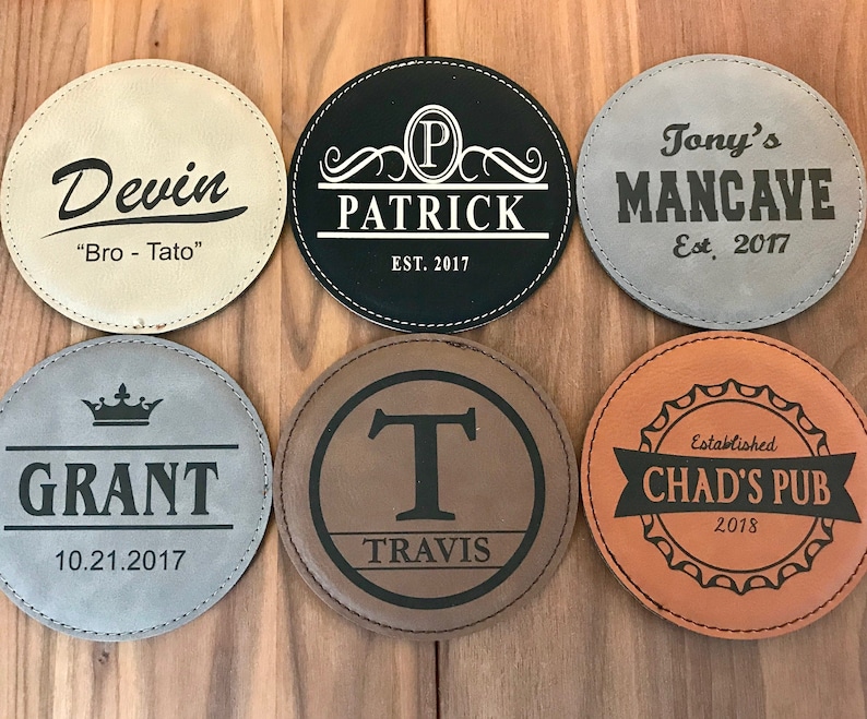 Personalized Groomsmen Gifts, Customized Leather Coasters, Groomsmen Coasters, Home Bar Coasters, Wedding Party Favors, Engraved Coaster Set image 7