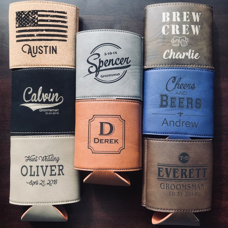 Personalized Beer Cooler, Leather Wedding Gift, Groomsmen Wedding Party Gifts, Monogram Can Cooler, Custom Drink Cooler Wedding Favor 