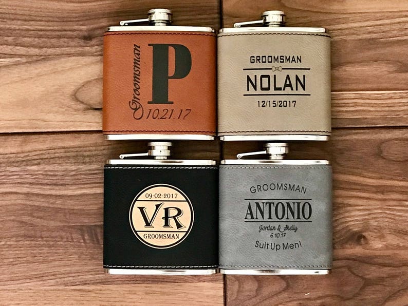 Customized Bachelor Party Flask Set Personalized Groomsman Leather Flask Gift Engraved 6 oz Hip Flask Wedding Party Favor Gift for Men