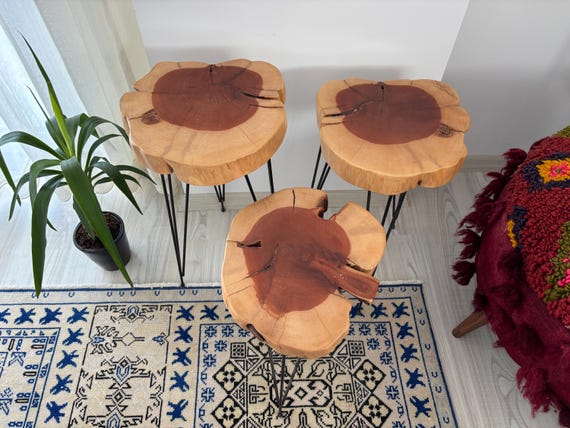 Handmade Cedar Wood Coffee Tables Set: Rustic Turkish Living Room Decor