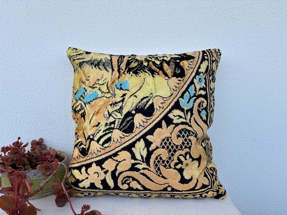 Vintage Handwoven Turkish Velvet Pillow Cover - 20x20 Inch, Handmade from Old Fabric, Boho Decor
