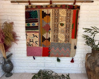 Vintage Turkish Kilim Wall Hanging, Handmade Patchwork Tapestry.