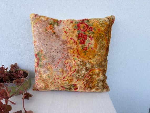 Handwoven Vintage Turkish Velvet Pillow Cover - 20x20 Inch, Handmade from Reclaimed Fabric, Boho Chic Decor