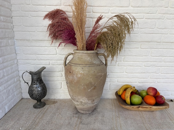 Vintage Terracotta Amphora Vase, Handmade Turkish Pottery, Boho Home Decor, Antique Style Vase