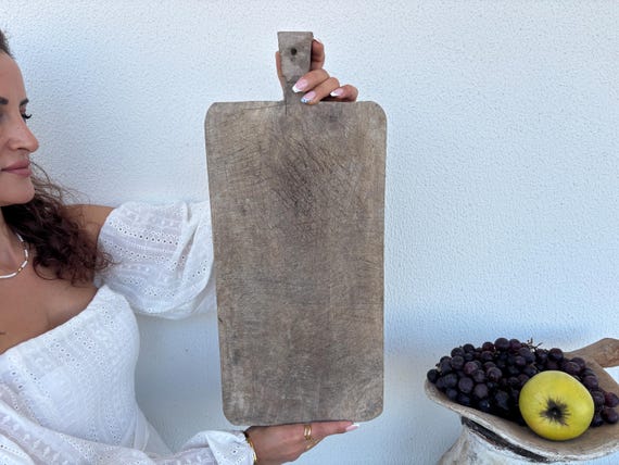 Vintage Turkish Wooden Bread Board | Handmade Rustic Dough Board with Handle | 60-Year-Old Farmhouse Kitchen Decor | Antique Wood Board