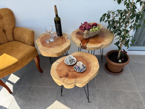 Handmade Cedar Wood Coffee Tables Set: Rustic Turkish Living Room Decor