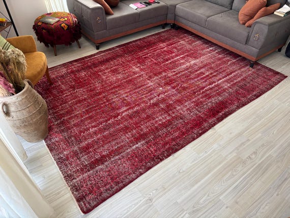 Red Oushak Rug 5x8 Vintage Rug, Red Overdyed Rug, Turkish Rug Red -Rug For Living Room -Rug For Bedroom -Red Rug -Large Area Rug