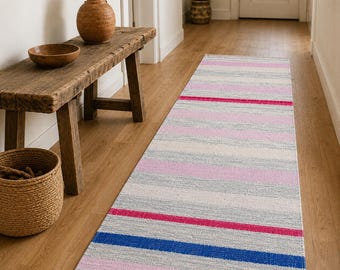 Vintage hennep kelim loper 2 x 7,2 ft, roze blauwe strepen, boho boerderij decor hal