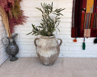Vintage Terracotta Amphora Vase, Handmade Turkish Pottery, Boho Home Decor, Antique Style Vase