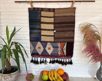 Vintage patchwork kelim muurhanger – Handgemaakte Turkse wol boho textielkunst