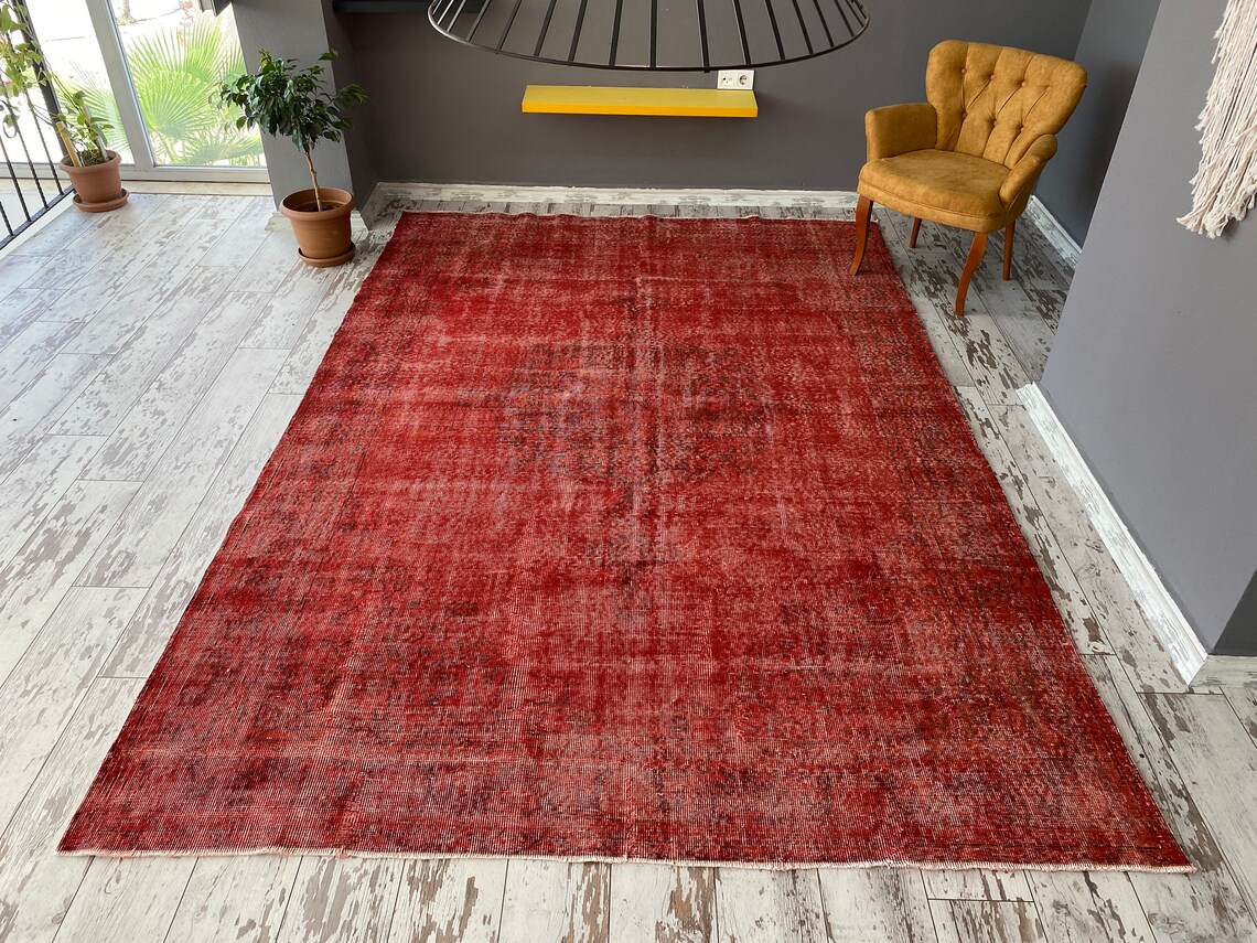 Farmhouse Red Oushak Rug 7x10 Vintage Rug Red Overdyed Rug Etsy