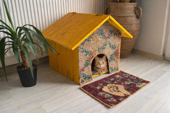 Handmade Wooden Pet House with Vintage Kilim Rug | Cat & Small Dog Shelter