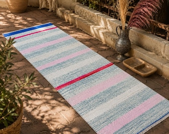 Vintage hennep kelim loper 2 x 6,5 ft, roze blauwe strepen, boho boerderij decor hal
