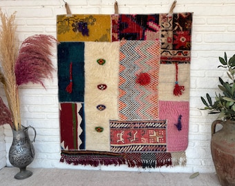Handmade Patchwork Kilim Wall Hanging – Vintage Turkish Wool Boho Textile Art