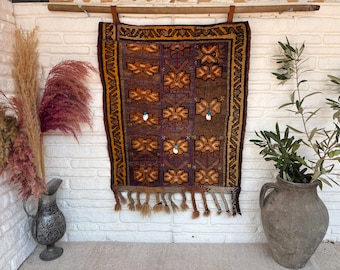 Vintage Patchwork Kilim Wall Hanging – Handmade Turkish Wool Boho Textile Art