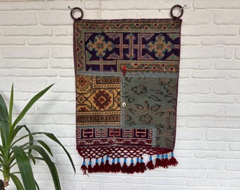 Vintage patchwork kelim muurhanger – Handgemaakte Turkse wol boho textielkunst