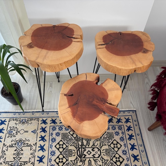 Handmade Cedar Wood Coffee Tables Set: Rustic Turkish Living Room Decor