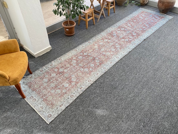 Blue Oushak Runner Rug 3x13 -Boho Runner Rug, Rug For Hallway -Runner Rug Vintage, Hallway Rug Blue Overdyed Runner Rug
