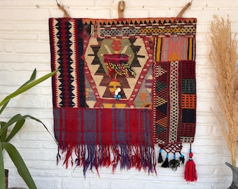 Vintage Patchwork Kilim Wall Hanging – Handmade Turkish Wool Boho Textile Art