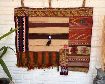 Vintage Patchwork Kilim Wall Hanging – Handmade Turkish Wool Boho Textile Art