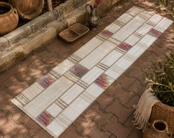 Vintage hennep kelimloper, handgemaakt patchwork gangkleed (2 x 7,8 ft)