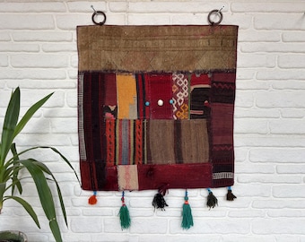 Vintage Patchwork Kilim Wall Hanging – Handmade Turkish Wool Boho Textile Art