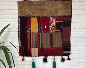 Vintage patchwork kelim muurhanger – Handgemaakte Turkse wol boho textielkunst