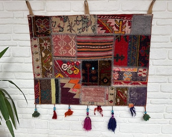 Handgemaakte patchwork kelim muurhanger – vintage Turkse wol boho textielkunst