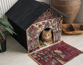 Zwart houten honden- en kattenhok | Rustiek handgemaakt dierenhok met krabtapijt