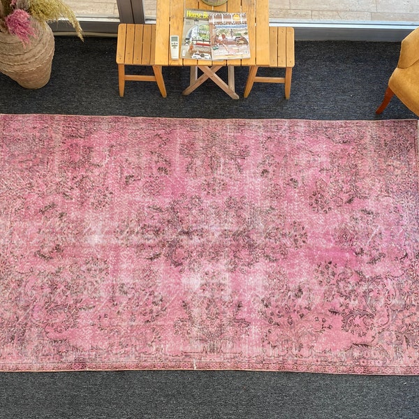 Pink Oushak Rug 6x9 Turkish Rug, Overdyed Rug Blush, Rug Living Room -Rug For Bedroom -Pink Black Rug -Pink Area Rug MOON.155