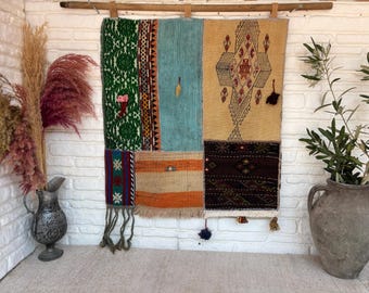 Vintage Patchwork Kilim Wall Hanging – Handmade Turkish Wool Boho Textile Art