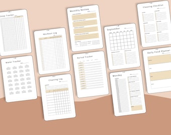 May include: A set of printable planner pages with a minimalist design. The pages include a sleep tracker, water tracker, workout log, cleaning log, monthly review, period tracker, September calendar, Monday daily planner, cleaning checklist, and daily food planner.