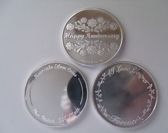 Fine .999 Silver 1 oz. Engravable Happy Anniversary Coin. Free Custom Engraving