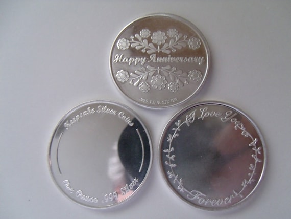 Fine .999 Silver 1 oz. Engravable Happy Anniversary Coin. Free Custom Engraving