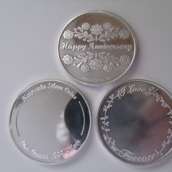 Fine .999 Silver 1 oz. Engravable Happy Anniversary Coin. Free Custom Engraving