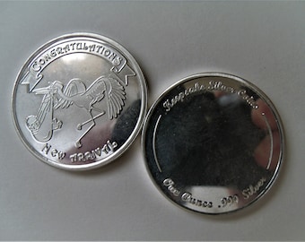 Moeda fina de prata .999 de 1 oz gravável para recém-nascido, recém-chegado, bebê. Gravação personalizada gratuita.