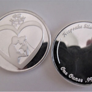 Moneda de plata fina .999 de 1 oz grabable para boda/aniversario de novios. Grabado personalizado gratuito.